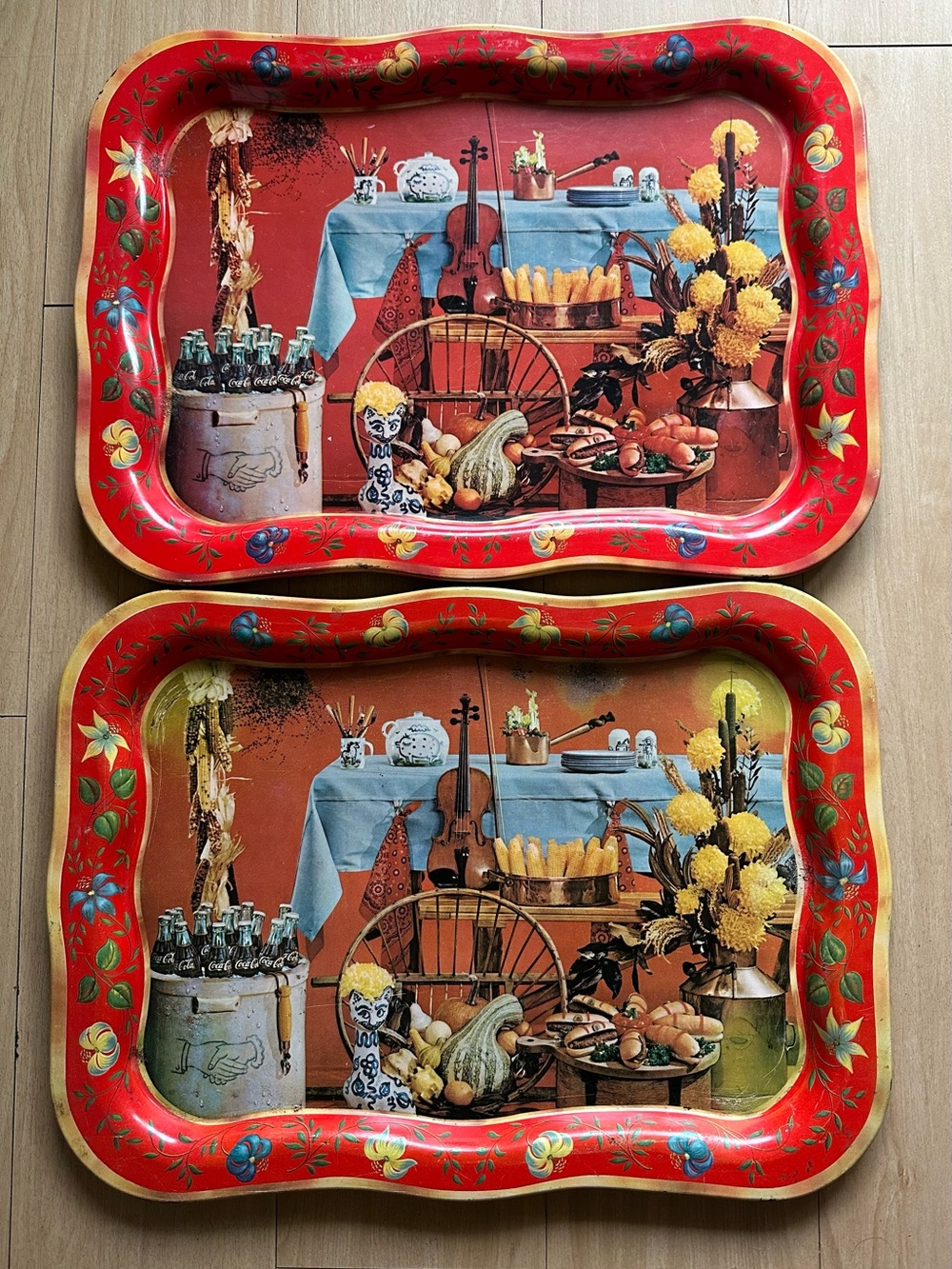 Vintage Coca Cola Fall Harvest Metal Serving Trays Approx 18x13 Lot of 2 Autumn